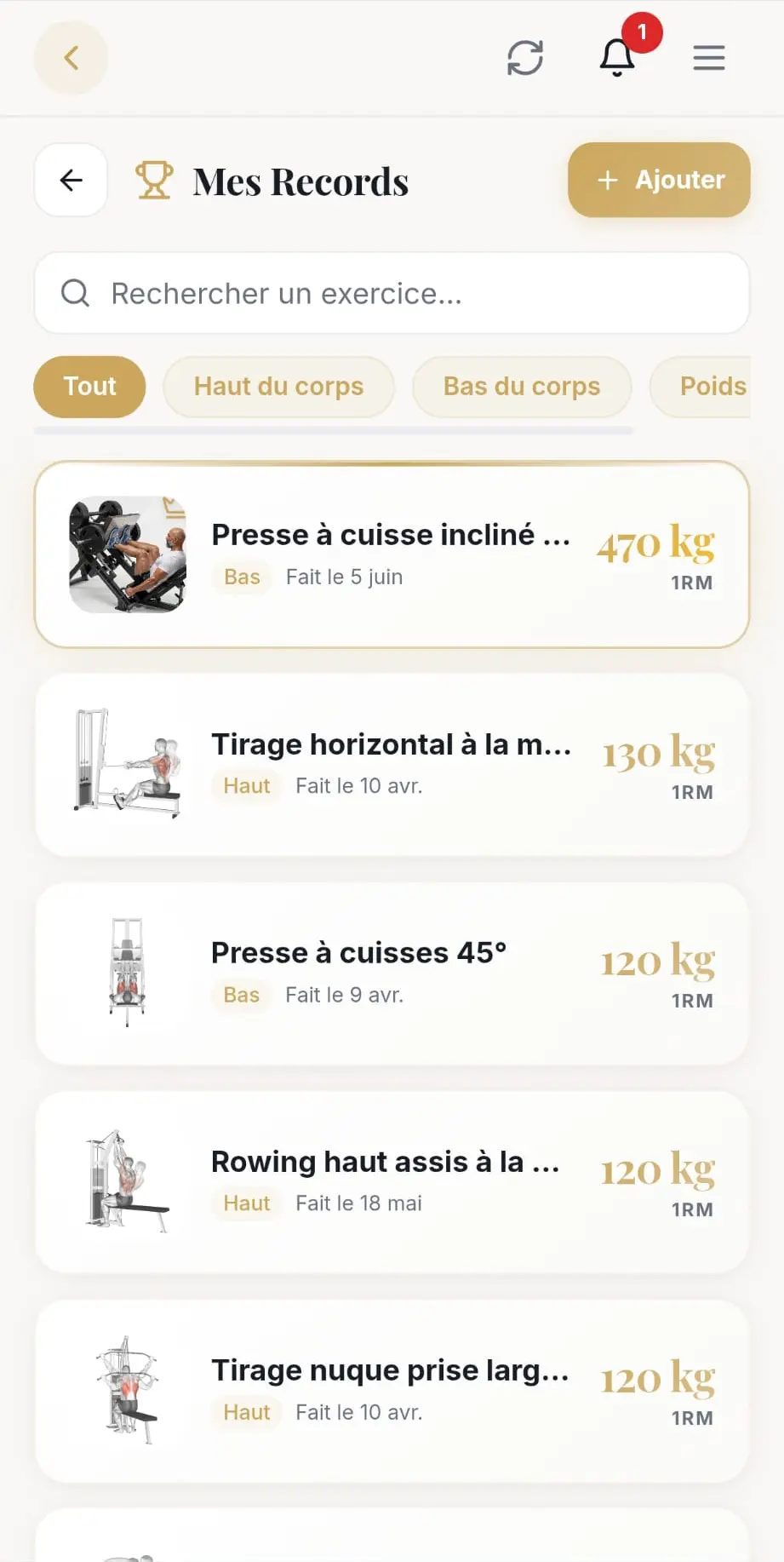 Écran des records personnels de l'application ADN Coach