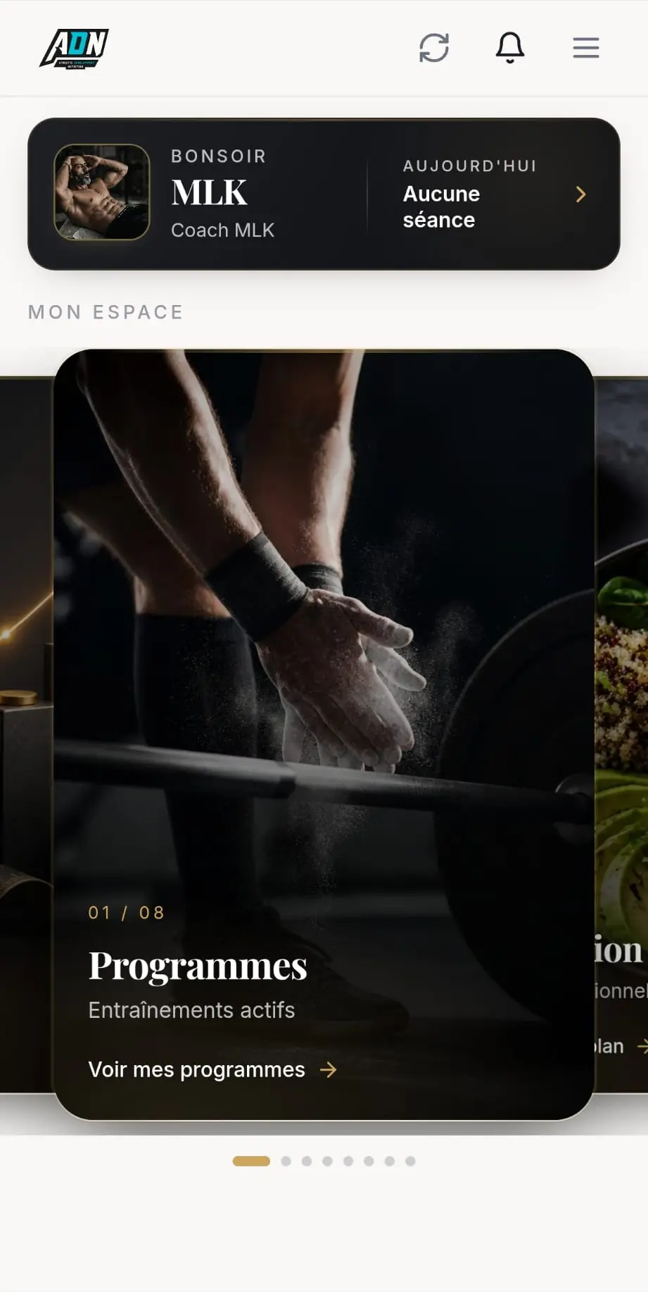 Écran d'accueil de l'application ADN Coach avec l'espace personnel et les programmes d'entraînement